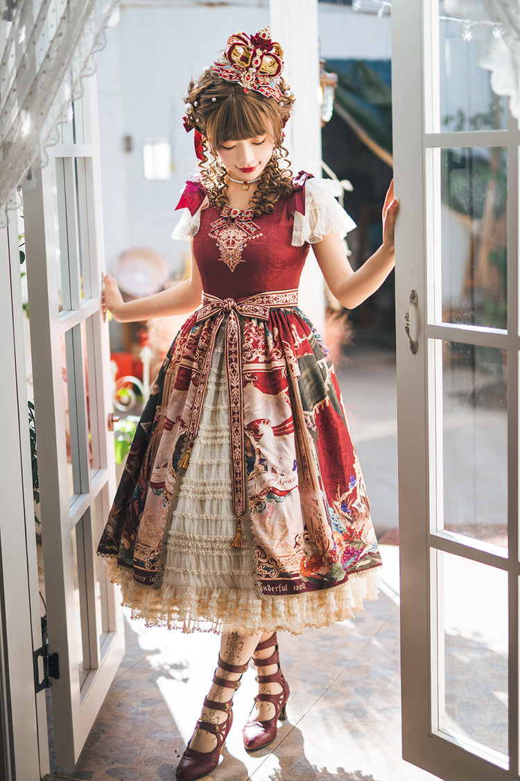 Red Kaleidoscope of Dreams Flying Sleeves Print Embroidery Cardigan Bowknot Classic Vintage Gorgeous Lolita Dress