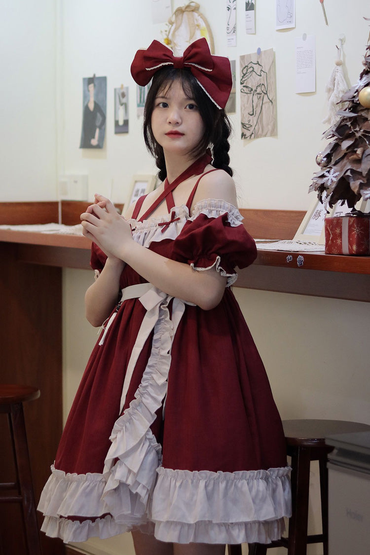 Red Monet Estate Sleeveless High Waisted Ruffle Bowknot Asymmetric Gothic Lolita Jsk Dress