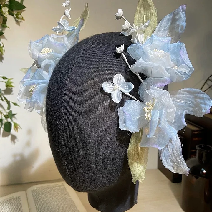 Lolita Hair Accessories Blue Iris Bridal Hair Clips Headwear with Lace Pearl
