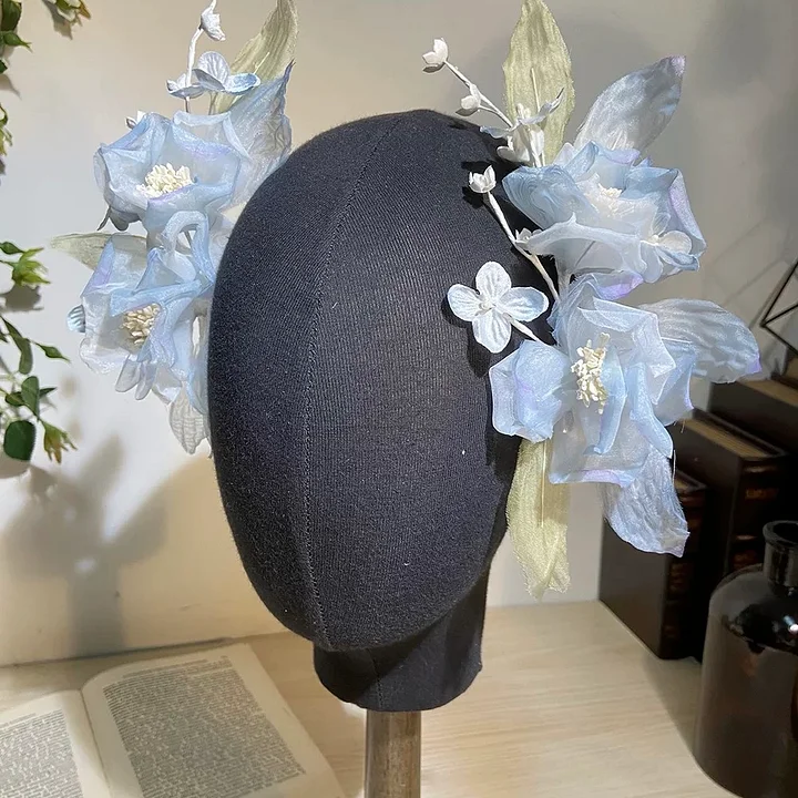 Lolita Hair Accessories Blue Iris Bridal Hair Clips Headwear with Lace Pearl