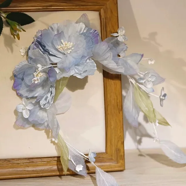 Lolita Hair Accessories Blue Iris Bridal Hair Clips Headwear with Lace Pearl