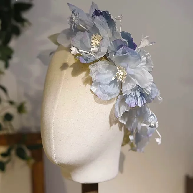Lolita Hair Accessories Blue Iris Bridal Hair Clips Headwear with Lace Pearl