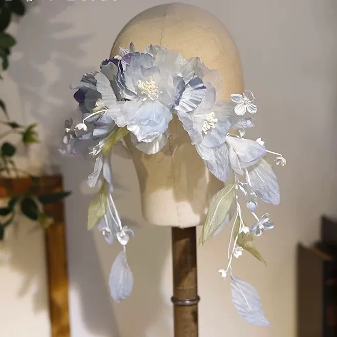 Lolita Hair Accessories Blue Iris Bridal Hair Clips Headwear with Lace Pearl