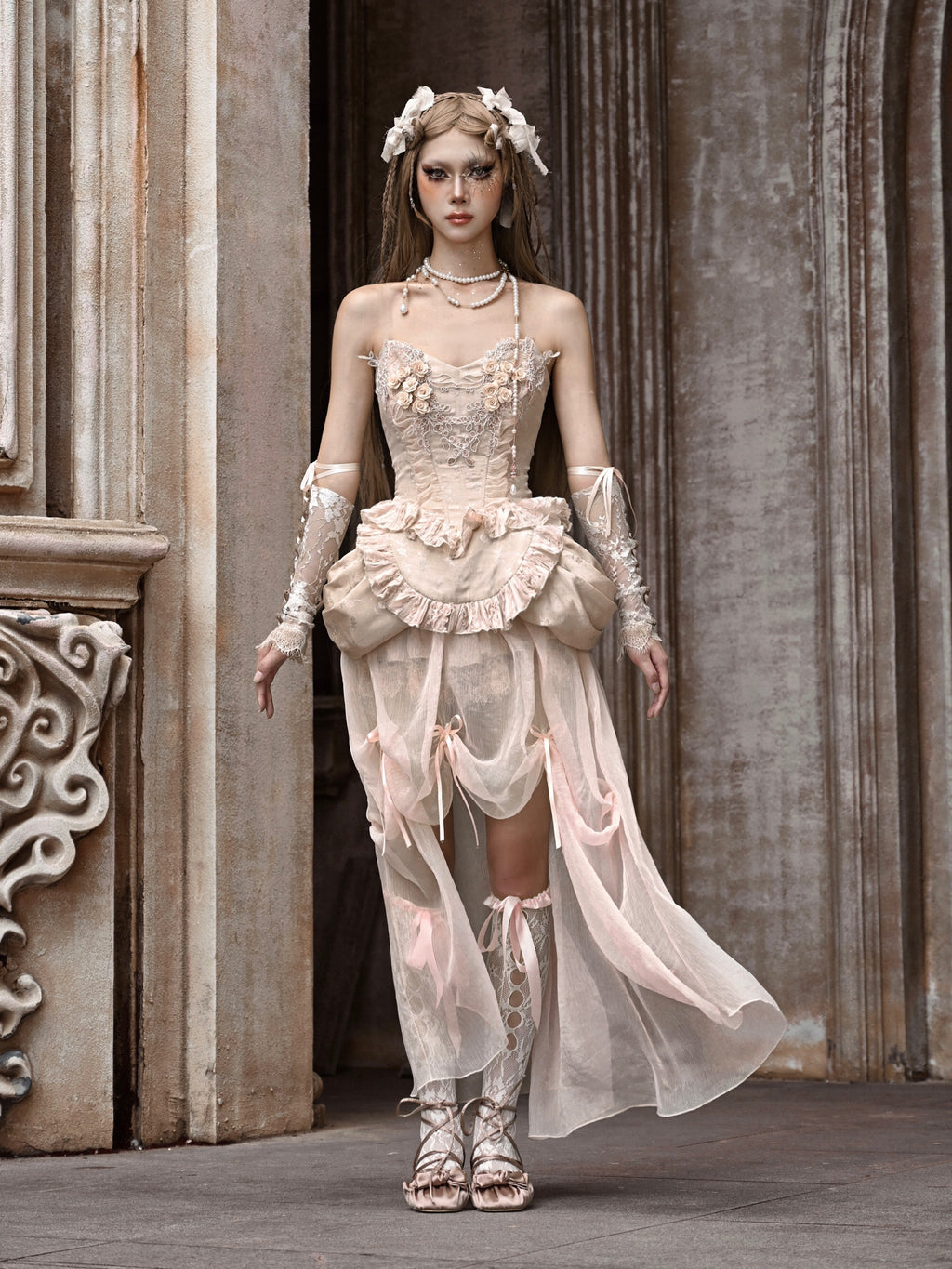 Ethereal Goth Lolita Dress with Blush Pink Tulle Corset Apricot Skirt