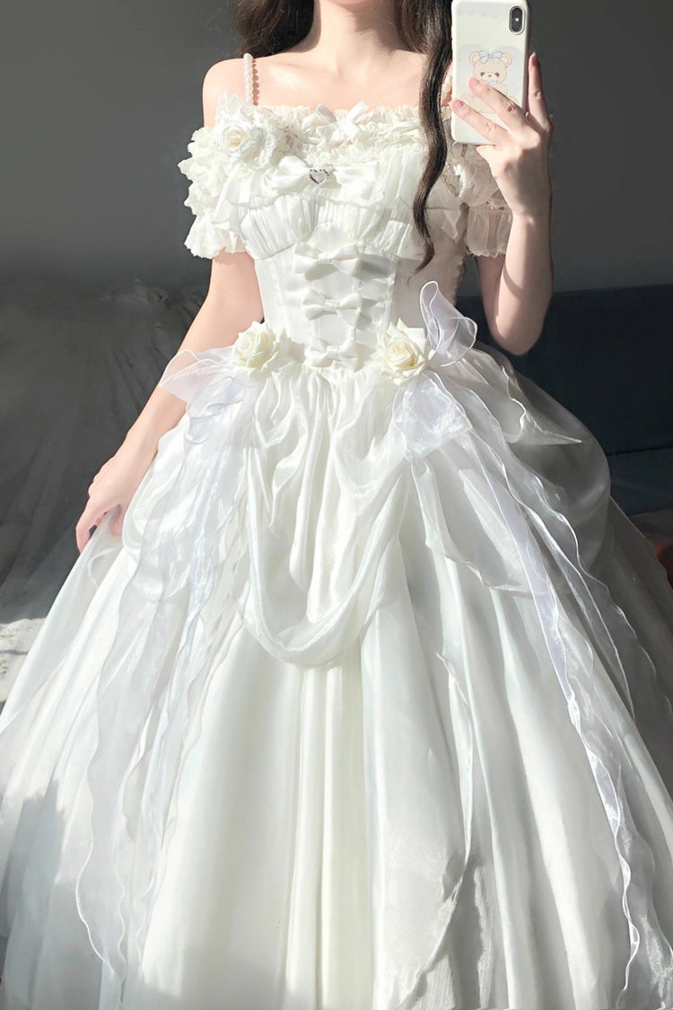 White Cindy Rose Halterneck Sleeveless Ruffle Bowknot Sweet Elegant Lolita Jsk Dress