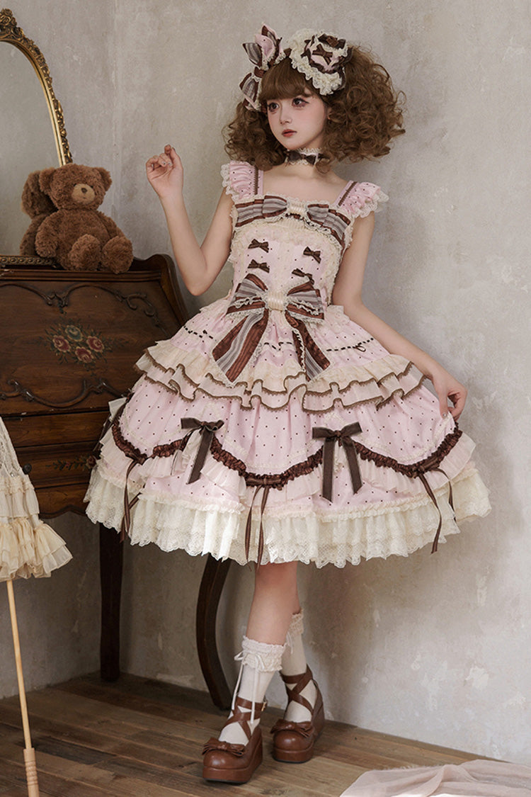 Pink Shengqiao Tata Sleeveless Print Ruffle Bowknot Lace-Up Sweet Elegant Lolita Jsk Dress