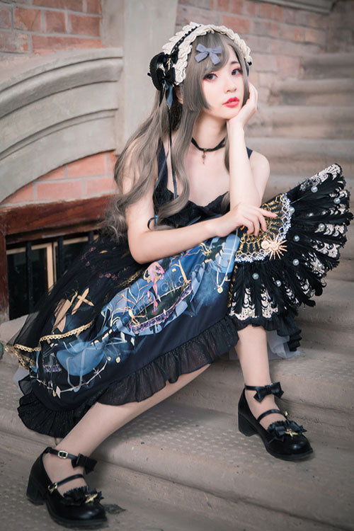 Dark Blue Vintage Mermaid Song Square Collar Bowknot Ruffled Sleeveless Gothic Lolita JSK Dress
