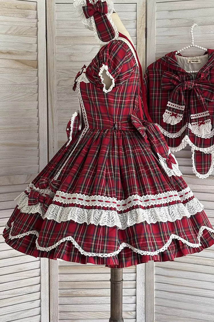 Red Gingham Petal Bunny Short Sleeves Printed Ruffled Bow Sweet Lolita OP Dress