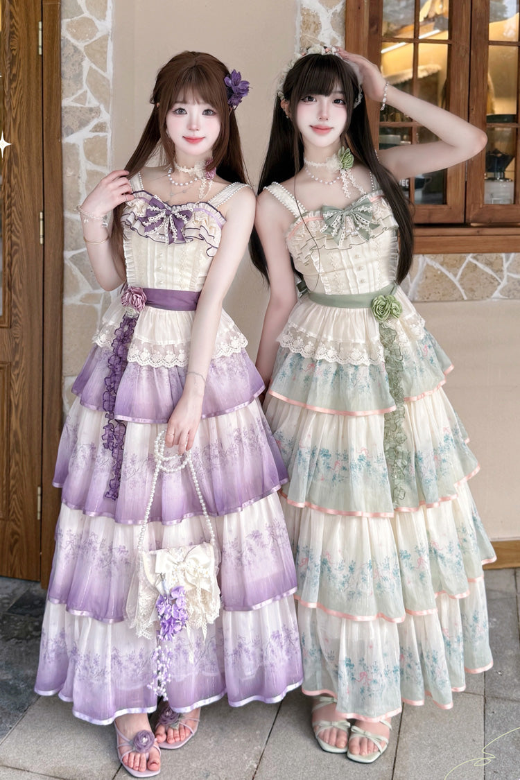 Purple Lilac Thoughts Sleeveless Gradient Multi-Layered Print Ruffle Bowknot Lace Sweet Lolita Dress Set