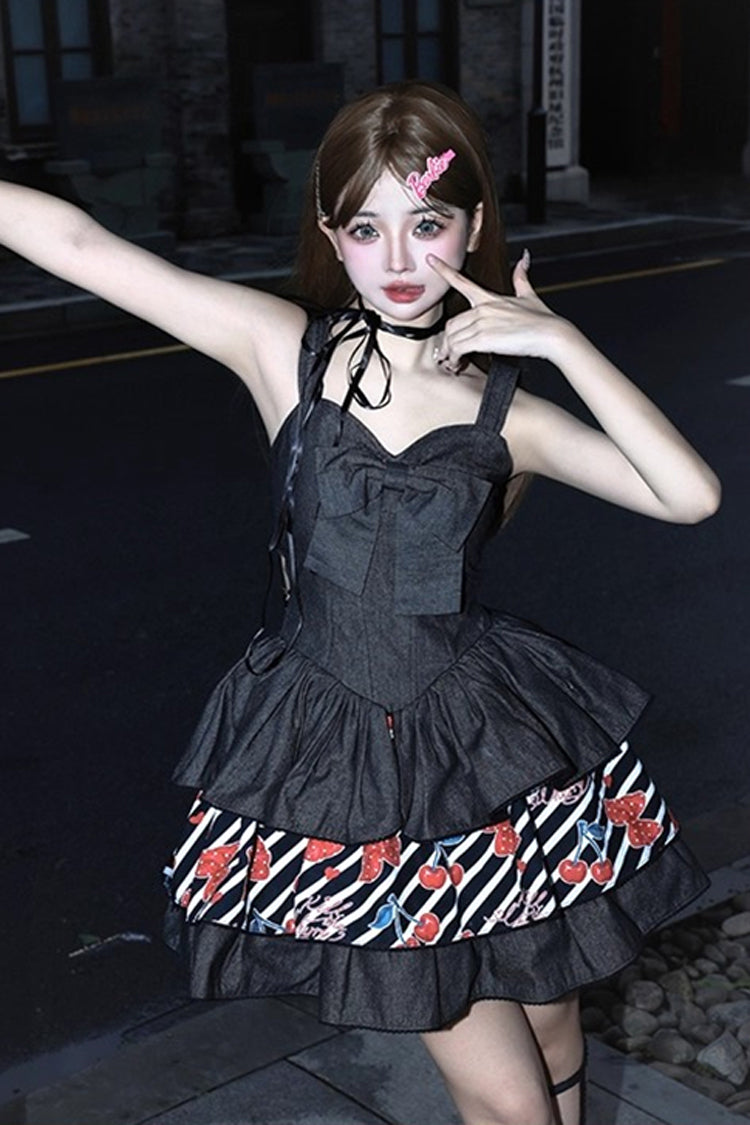 Black Cherry Sleeveless Triple-Layered Print Ruffle Bowknot Denim Sweet Japanese Vintage Lolita Jsk Dress