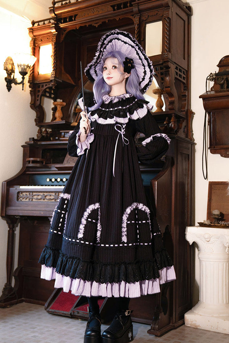 Black Twin Lilian Round Collar Long Sleeves Double-Layered Ruffled Bow Lace-Up Gothic Lolita Dress