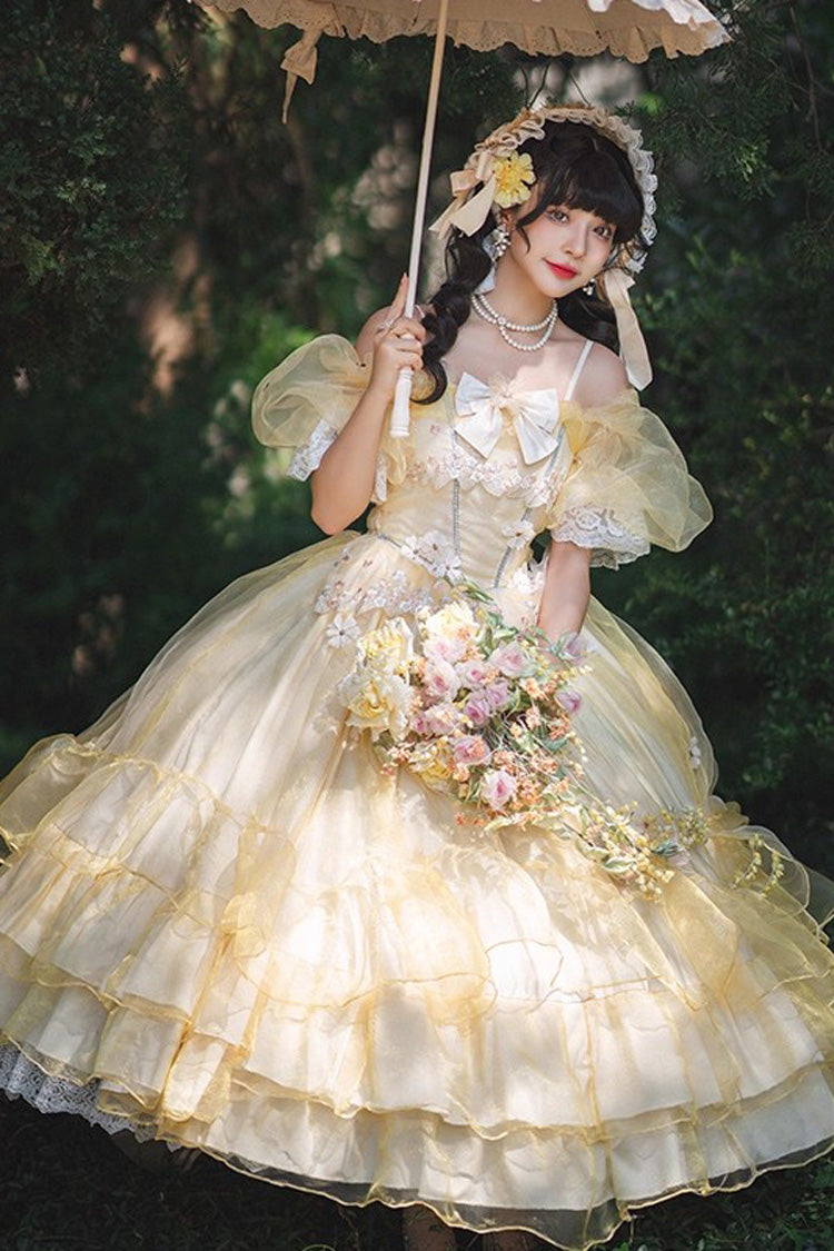 Yellow Off Shoulder Short Sleeves Triple-Layered Ruffle Hanayome Bowknot Lace Sweet Plus Size Lolita Dress