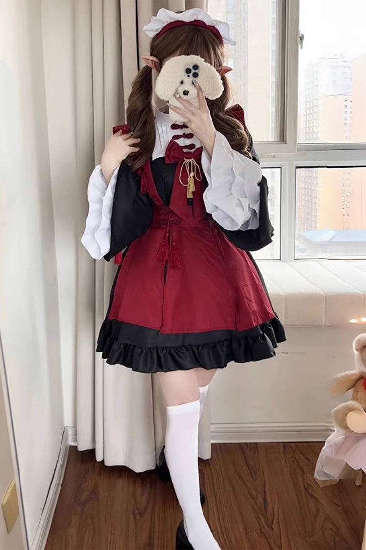 Black/Red Maid Long Trumpet Sleeves Ruffle Bowknot Classic Plus Size Chinese Style Lolita Dress Full Set