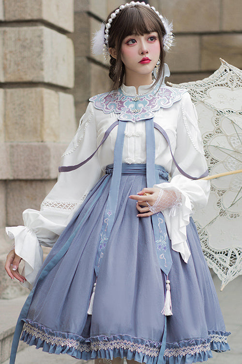 White/Blue Chinese Style Hollow Long Sleeve Classic Lolita Dress Full Set