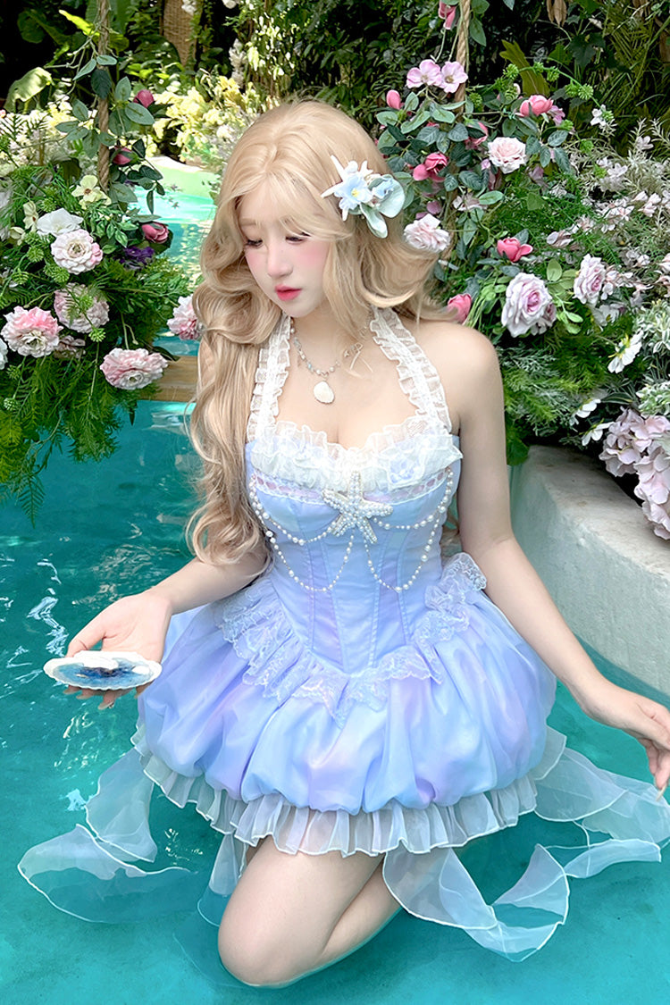 Blue Starlight Jellyfish Princess Halterneck Sleeveless Ruffle Lace Sweet Lolita Jsk Dress