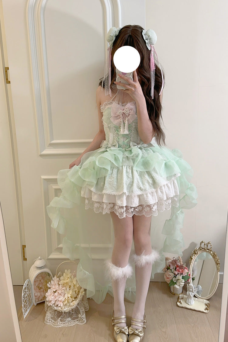 Green Rain and Flowers Halterneck Jacquard Ruffle Bowknot Lace Sweet Lolita Jsk Dress