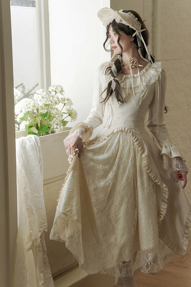 Ivory White Tea Long Sleeves Ruffle Bowknot Lace Irregular Classic Princess Lolita Dress