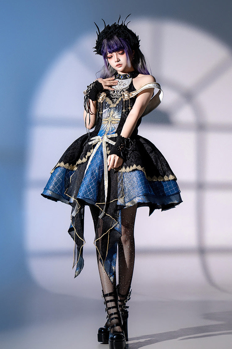 Black/Blue Universe Off Shoulder Halterneck Sleeveless Print Embroidery Cardigan Gothic Princess Lolita Dress