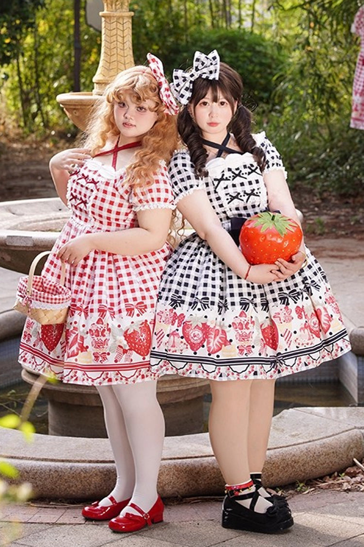 Black Short Sleeves Strawberry Plaid Print Bowknot Sweet Plus Size Princess Lolita Dress