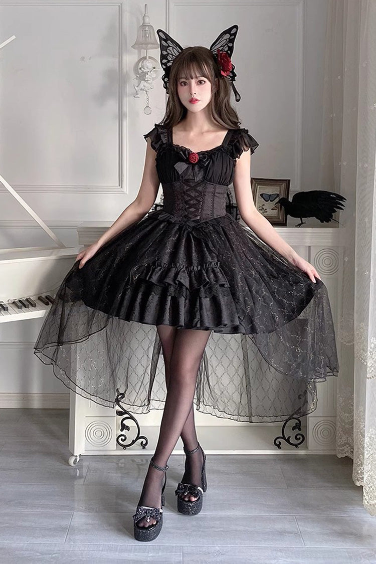 Black Short Sleeves Ruffle Rose Bowknot Elegant Princess Gothic Lolita Tiered Dress