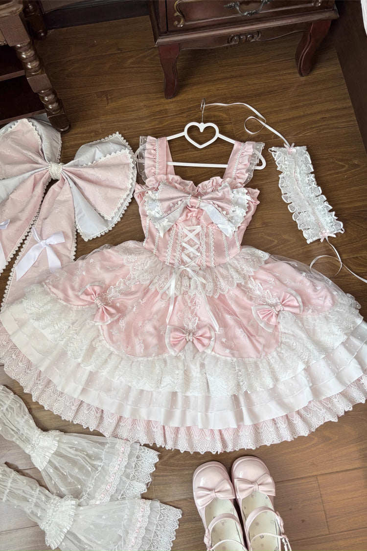 Pink Sleeveless Triple-Layered Ruffle Embroidery Bowknot Lace-Up Pearl Sweet Plus Size Lolita Jsk Dress