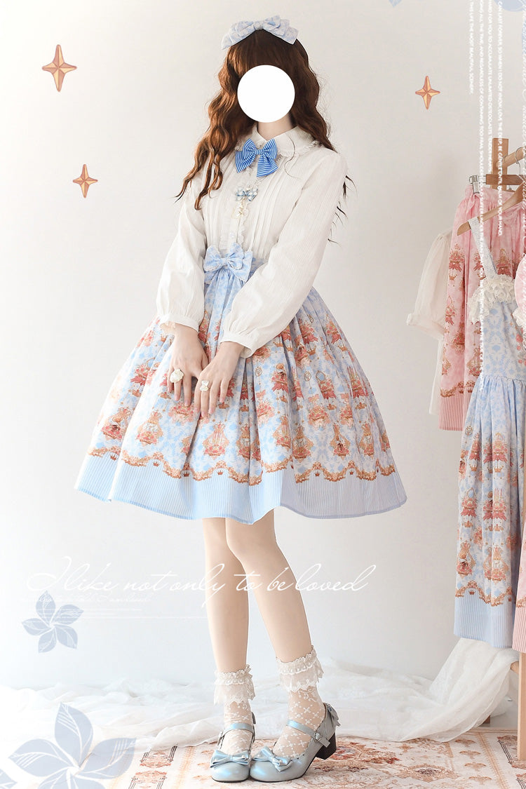 Blue Rose Garden Rabbit Print Ruffle Bowknot Sweet Lolita Dress