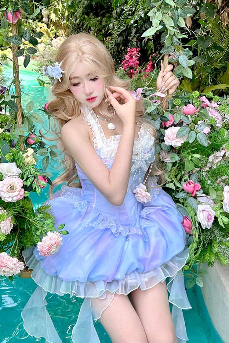 Blue Starlight Jellyfish Princess Halterneck Sleeveless Ruffle Lace Sweet Lolita Jsk Dress