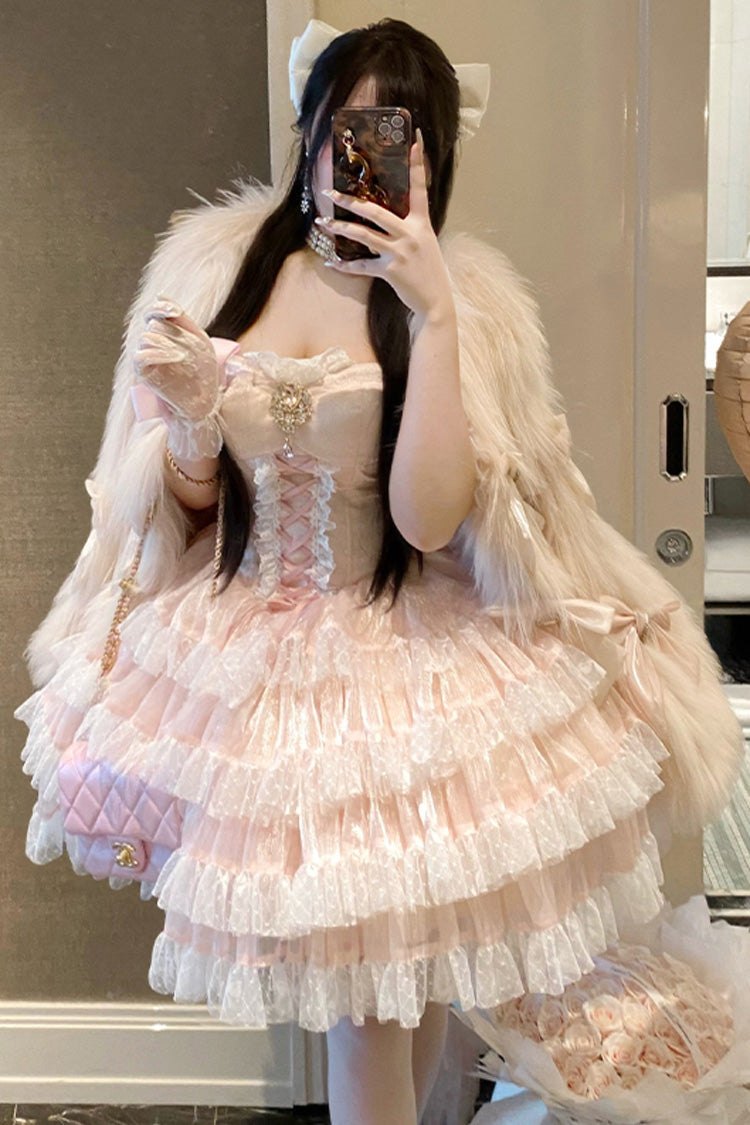 Pink Heartbeat at First Sight Off Shoulder Sleeveless Multi-Layered Ruffle Bowknot Lace Lace-Up Sweet Princess Gorgeous Lolita Dress