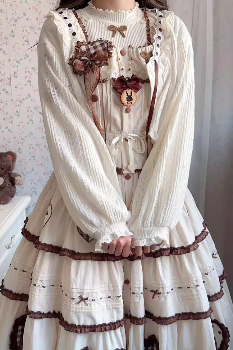 Ivory Lovely Heart Triple-Layered Ruffle Embroidery Bowknot Sweet Elegant Lolita Skirt