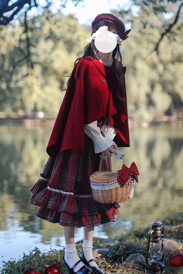 Red Little Red Riding Hood Double-Layered Plaid Print Ruffle Bowknot Sweet Vintage Lolita Jumper Dress