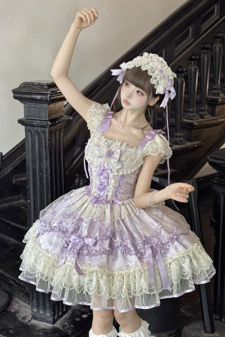 Purple Dreaming Butterfly Multi-Layered Jacquard Ruffle Bowknot Lace Sweet Princess Lolita Jsk Dress