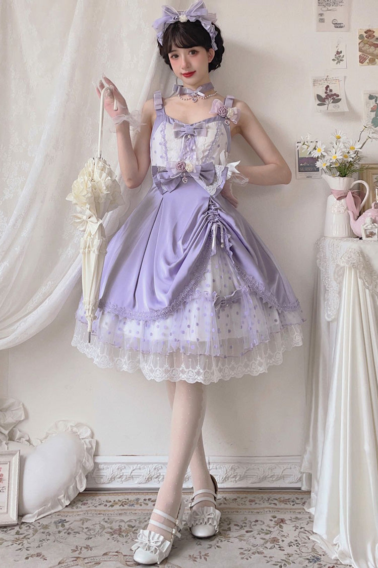 Purple Polka Waltz Sleeveless Print Bowknot Stitching Lace Sweet Lolita Jsk Dress