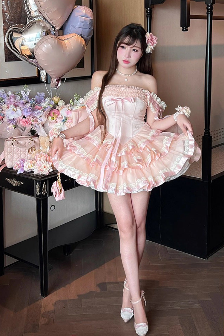 Pink Princess Ribbon Off Shoulder Triple-Layered Ruffle Bowknot Sweet Lolita Dress