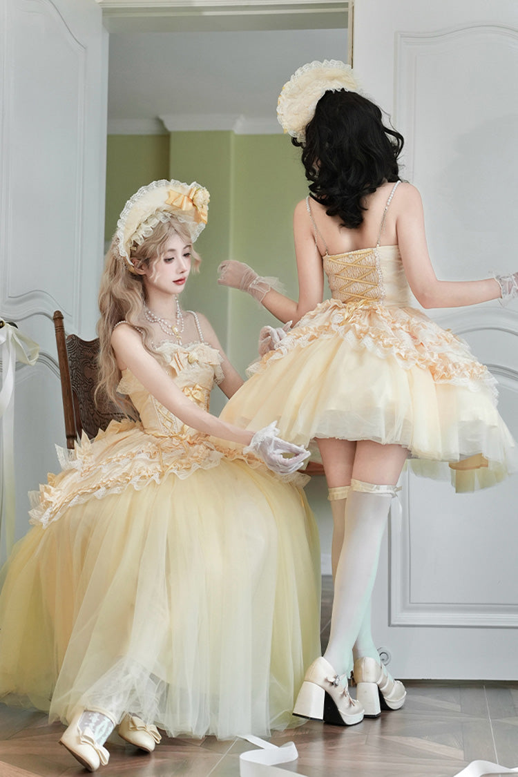 Yellow Sissi's Pilgrimage Off Shoulder Ruffle Bowknot Lace Sweet Lolita Skirt (Short Version)