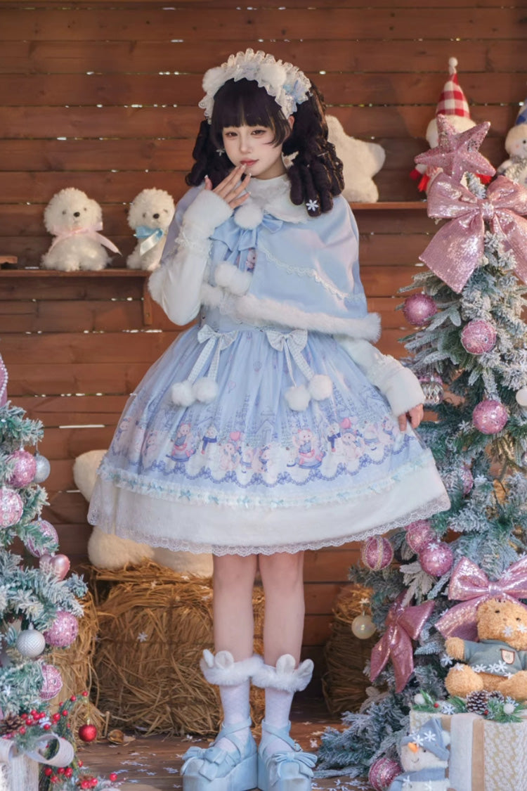 Blue Snowball Wonderland Print Merry Christmas Ruffle Bowknot Lace Sweet Lolita Jsk Dress