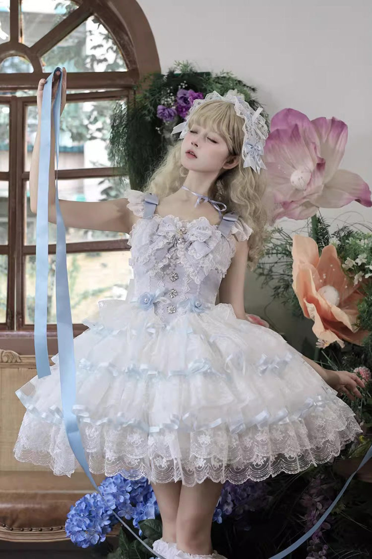 Blue Rose Feather Waltz Sleeveless Triple-Layered Ruffle Bowknot Lace Sweet Ballet Lolita Jsk Dress