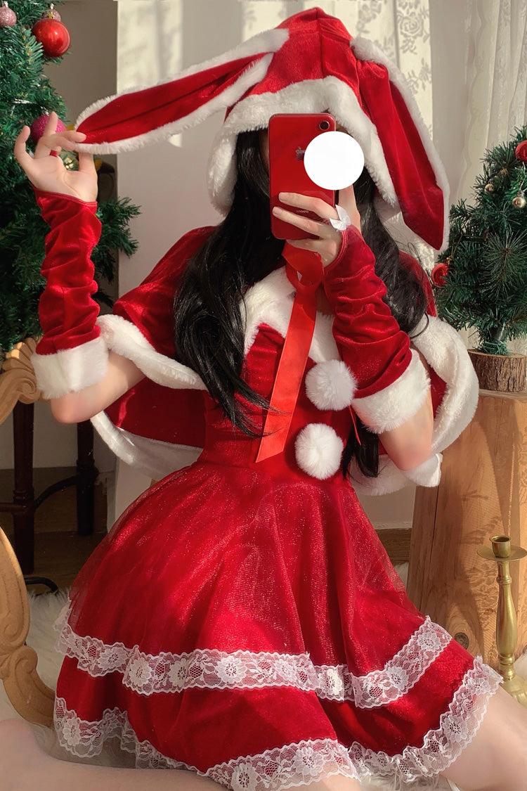 Red Christmas and New Year Double-Layered Ruffle Bowknot Lace Sweet Japanese Lolita Strapless Dress