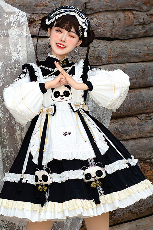 Black/White High Neck Lantern Sleeves Multi-Layer Ruffled Panda Bun Shop Sweet Lolita Op Dress