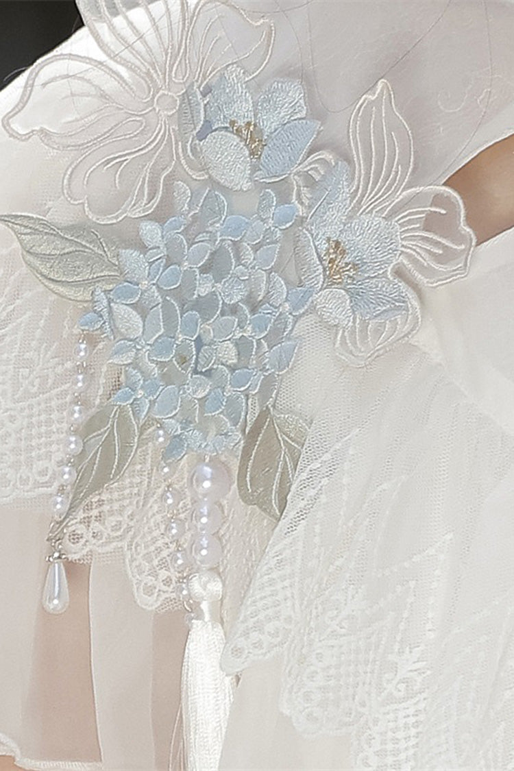 White Hydrangea Message Short Sleeves Print Ruffle Lace Sweet Chinese Style Elegant Lolita Short Dress