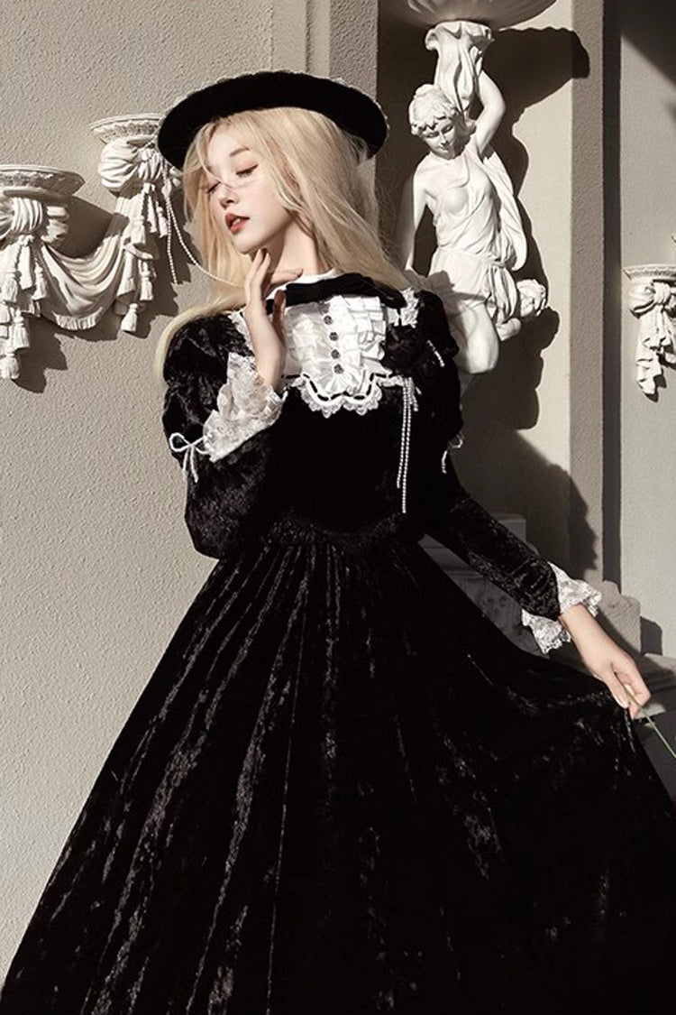 Black Whispering Castle Long Sleeves Ruffle Bowknot Lace Gothic Lolita Dress