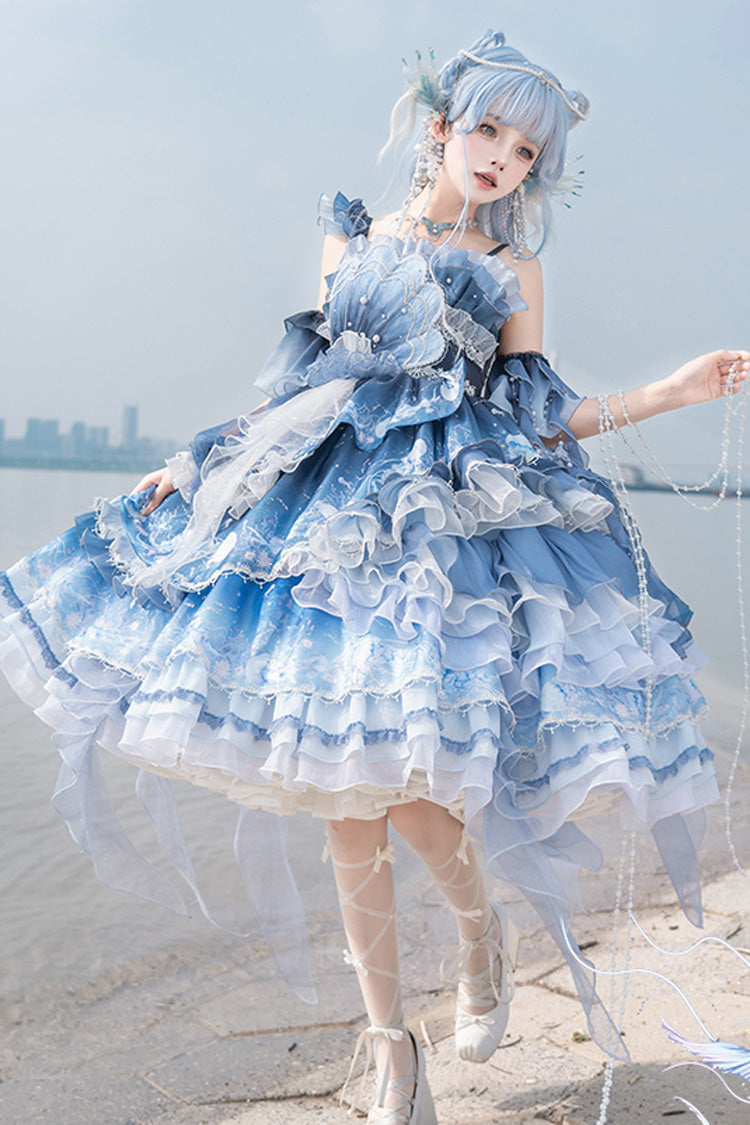 Blue Jellyfish Gradient Print Ruffle Embroidery Bowknot Lace Asymmetric Sweet Elegant Lolita Jsk Dress