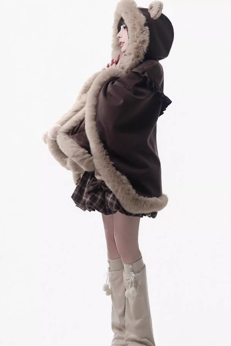 Brown Fluffy Little Bear Sleeveless Printed Ruffled Bow Sweet Lolita Strap Dress