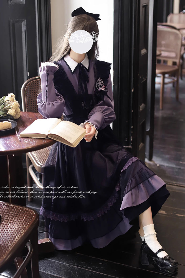 Black Witch Academy Double-Layered Ruffle Embroidery Bowknot Mesh Sweet Elegant Lolita Jumper Dress
