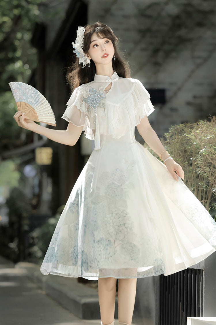 White Hydrangea Message Short Sleeves Print Ruffle Lace Sweet Chinese Style Elegant Lolita Short Dress