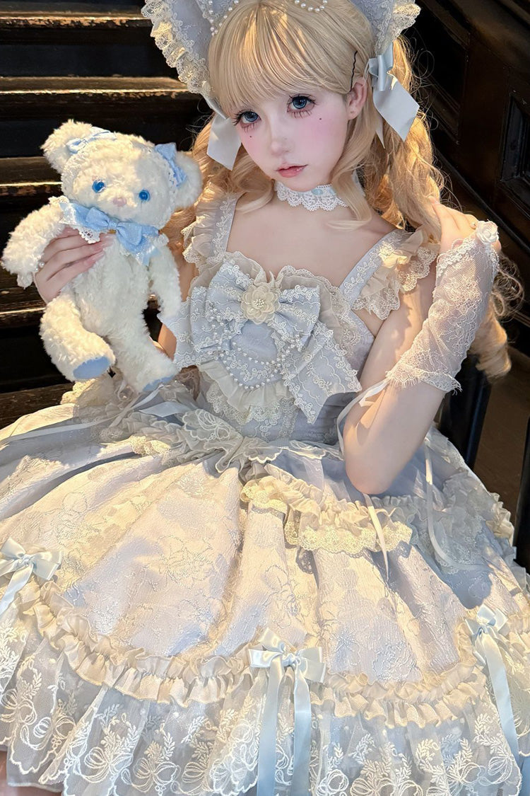 Blue Blossoming Heart Love  Sleeveless Dark Jacquard Print Bowknot Lace Sweet Lolita Jsk Dress