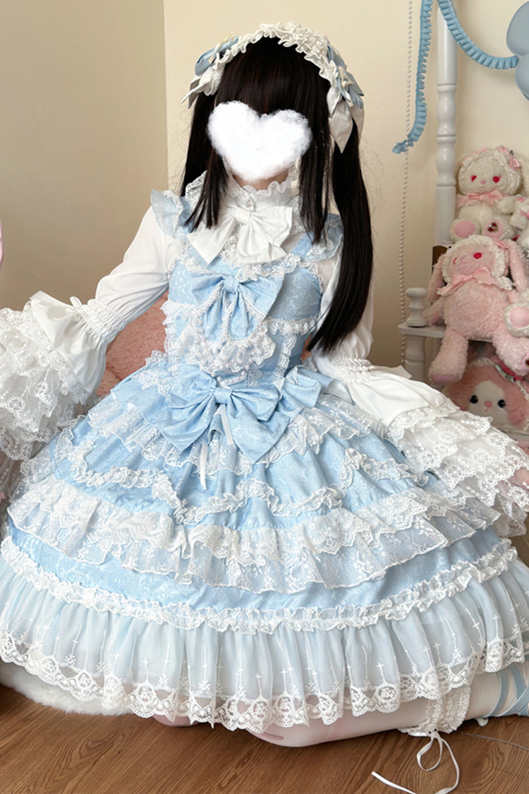 Blue Love and Heart Flutter Sleeveless Multi-Layered Ruffle Bowknot Lace Pearl Sweet Lolita Jsk Dress