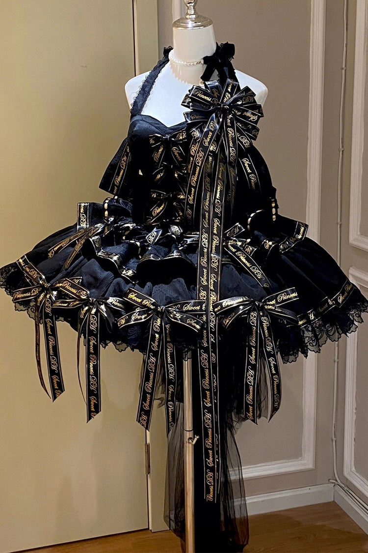 Black Young Lady Halterneck Sleeveless Multi-Layered Ruffle Bowknot Elegant Princess Gothic Lolita Dress
