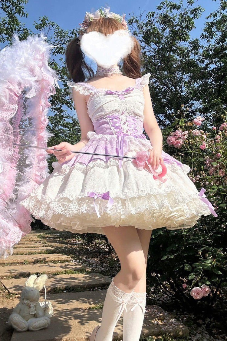 Purple Leiffu Sleeveless Ruffle Bowknot Lace Lace-Up Sweet Ballet Lolita Jsk Dress