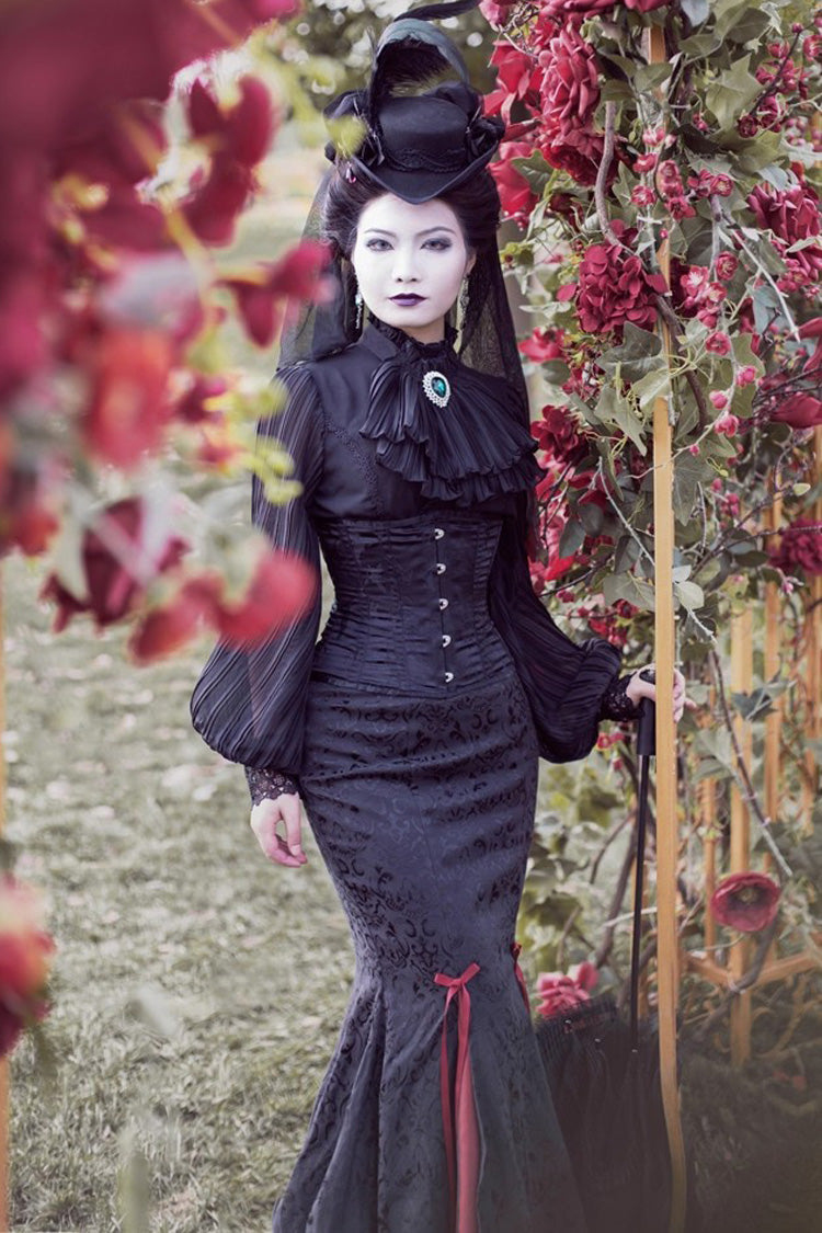 Black/Red Lorelei Double-Layered Print Ruffle Gothic Elegant Lolita Jacquard Mermaid Maxi Skirt
