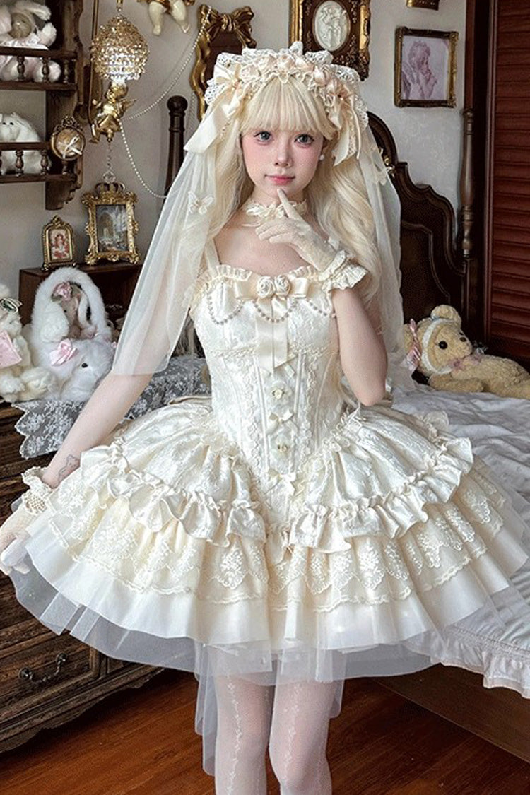 Ivory Fleeting Light and Shallow Dream Sleeveless Multi-Layered Ruffle Bowknot Lace Slim Sweet Ballet Lolita Jsk Dress